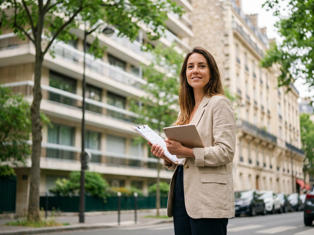 Conseillère en investissement locatif devant un immeuble résidentiel moderne en ville, représentant l'expertise de Timo Conseil