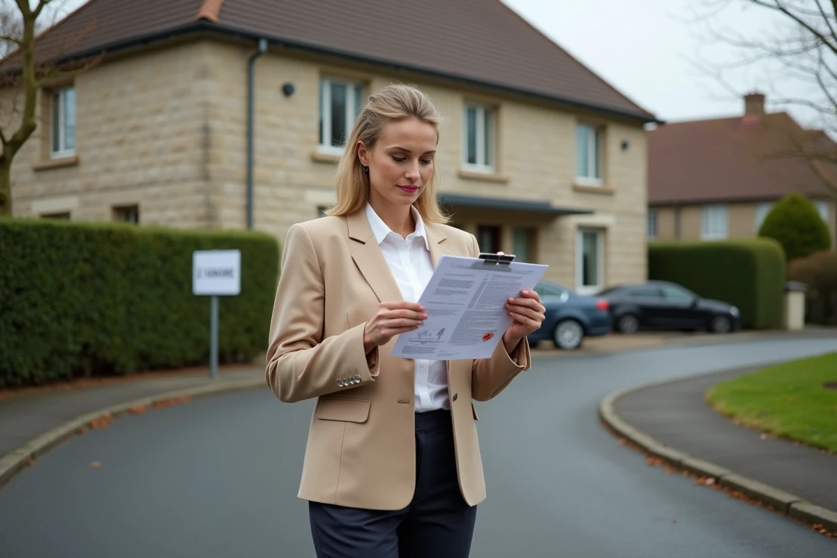 Conseillère immobilière devant une maison à vendre en banlieue avec panneau et documents de vente CHT