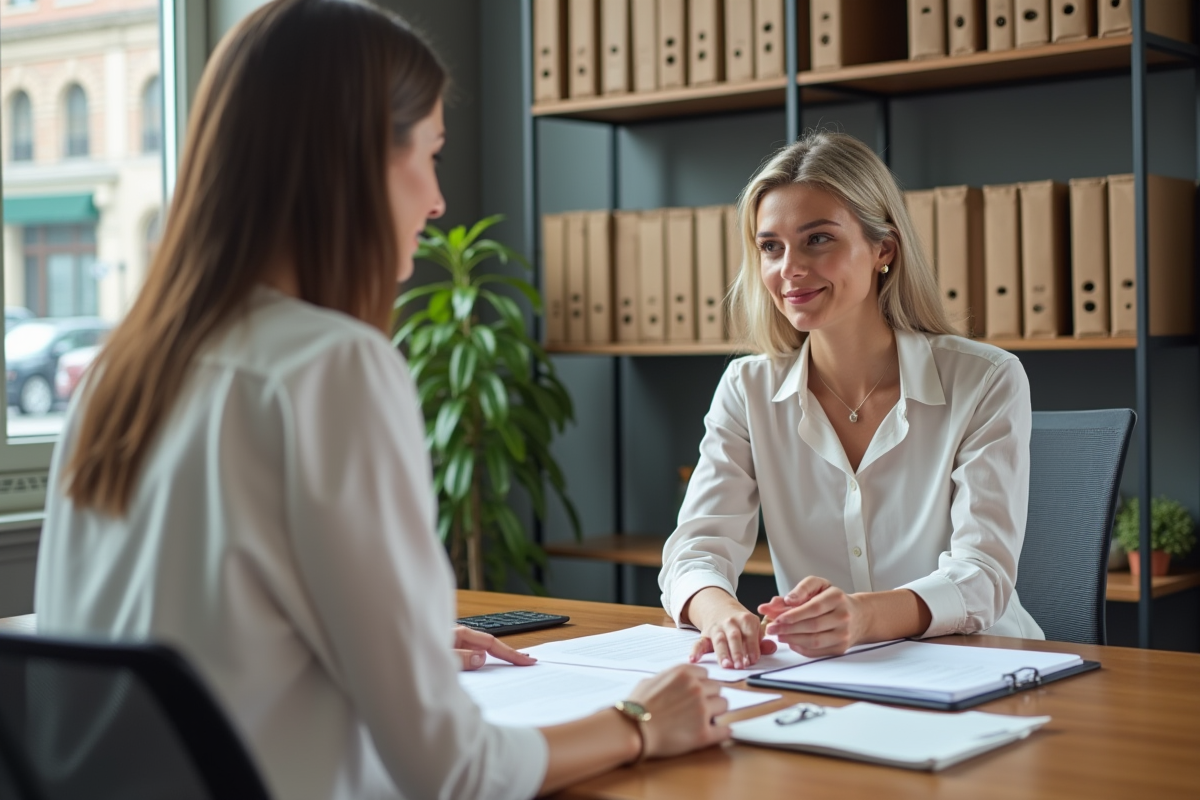 Femme consultante avec agent immobilier dans un bureau lumineux