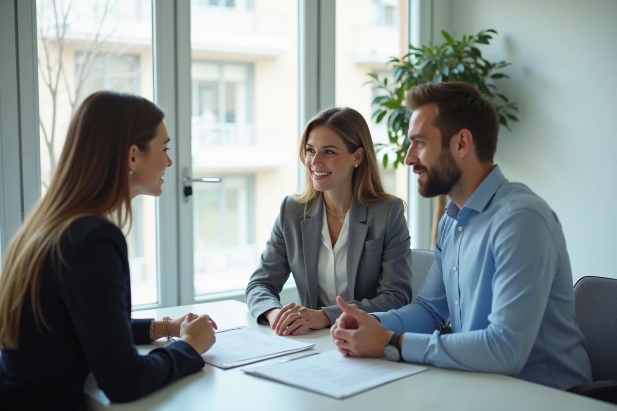 Couple consultant un notaire à Limoges pour un projet immobilier dans un bureau moderne et lumineux