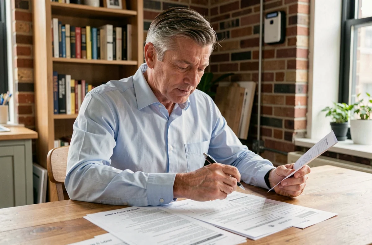 Copropriétaire adulte examinant des documents d'assurance habitation à une table en bois dans un appartement moderne