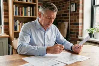 Copropriétaire adulte examinant des documents d'assurance habitation à une table en bois dans un appartement moderne