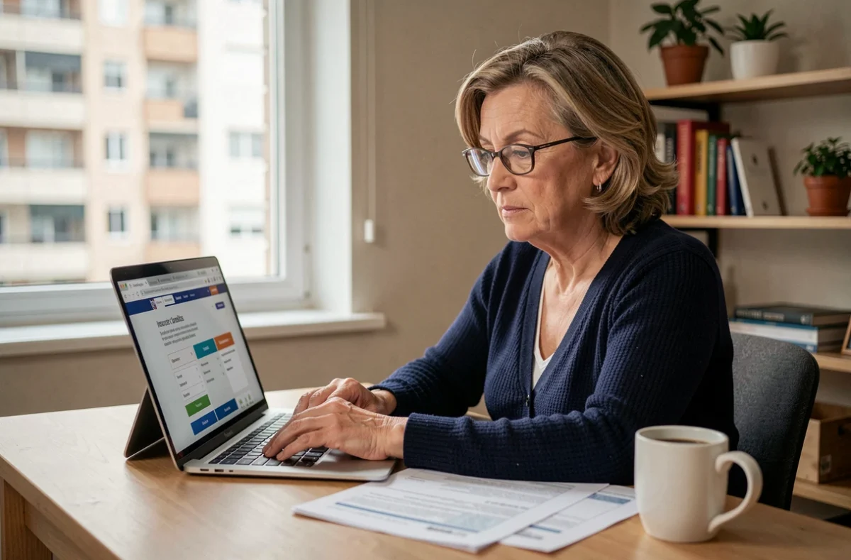 Copropriétaire comparant des offres d'assurance habitation sur un ordinateur portable dans un bureau à domicile