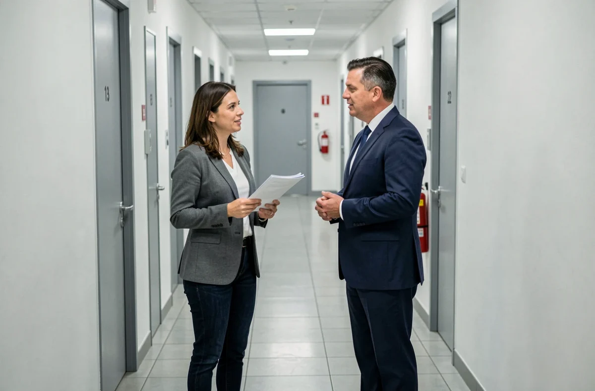 Femme copropriétaire discutant de son assurance avec le gestionnaire de copropriété dans un couloir d'immeuble résidentiel