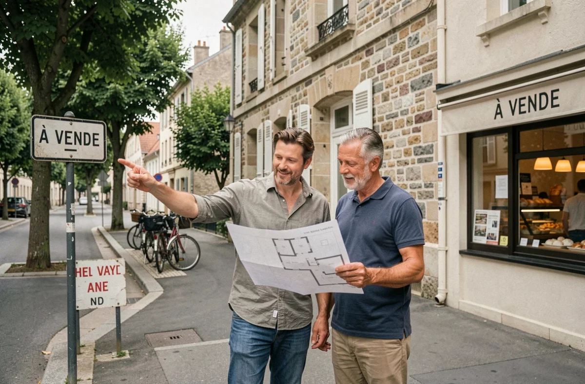 Couple devant un immeuble à vendre dans une ville de banlieue parisienne en Île-de-France