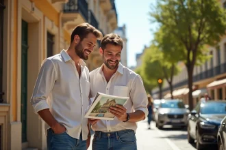 Jeune couple examinant une brochure immobilière devant un immeuble haussmannien dans un quartier résidentiel de Marseille