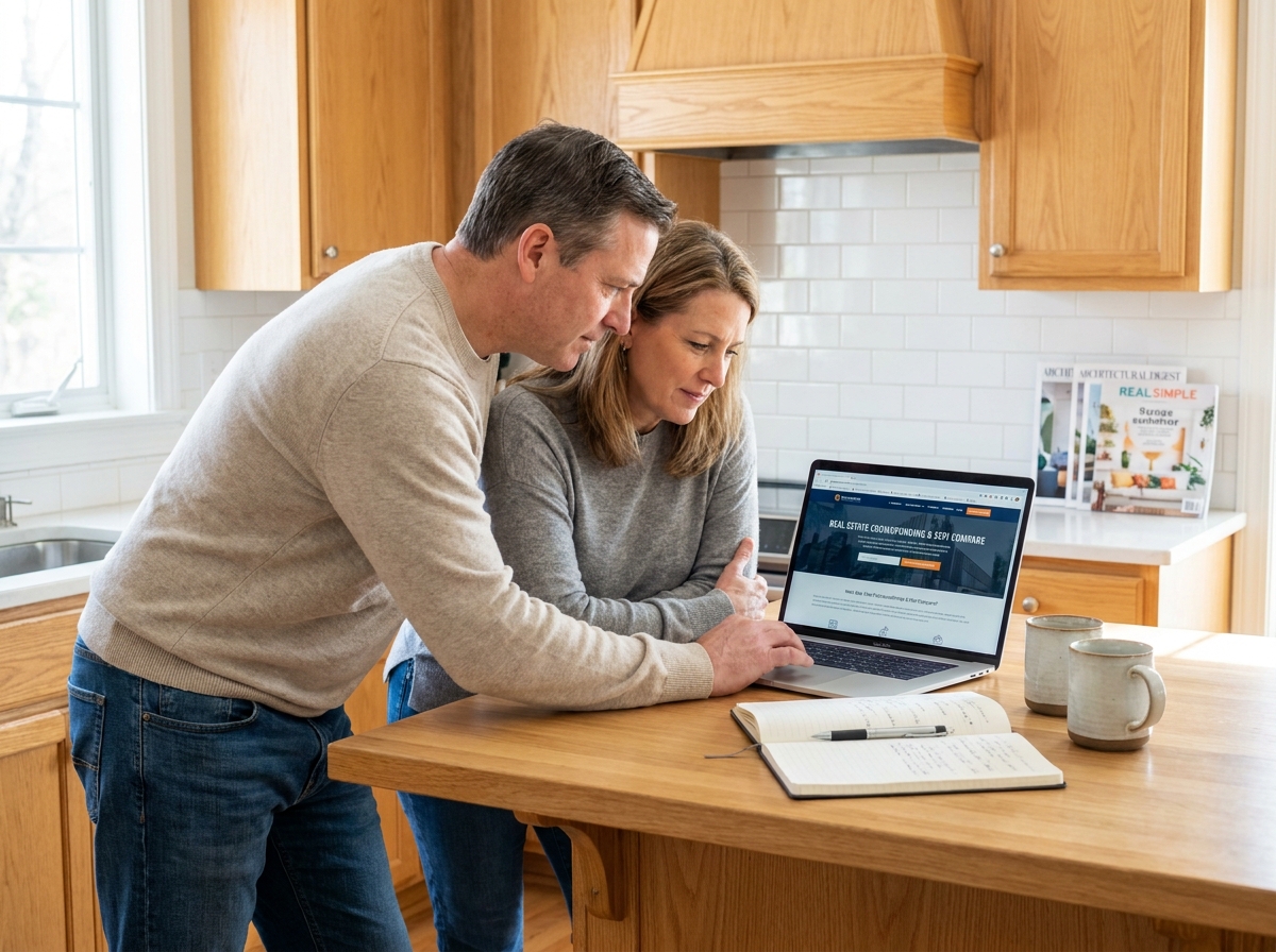 Couple comparant des placements immobiliers en pierre papier sur ordinateur dans leur cuisine