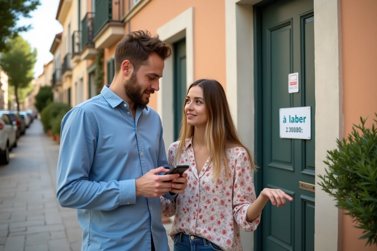 Jeune couple discutant devant maison à louer à Beziers
