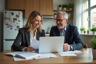 Couple d'adultes discutant de documents dans une cuisine moderne