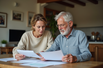 Couple français lisant des documents fiscaux à la maison