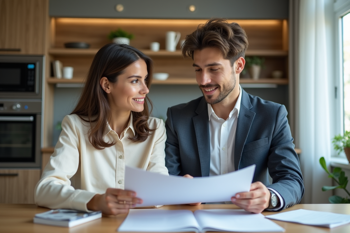 Jeune couple examine un formulaire de location dans un appartement moderne
