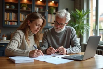 Couple attentif à la lecture de documents immobiliers à Lyon