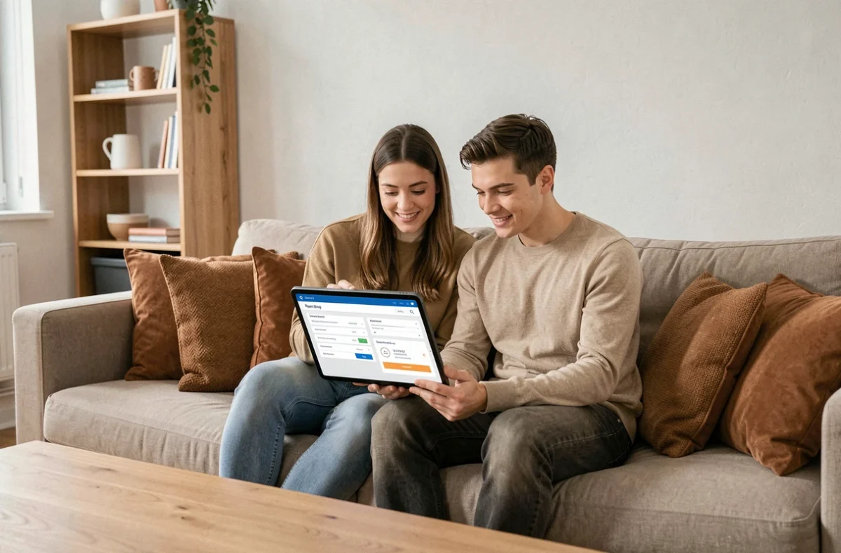 Couple de locataires consultant leur espace My Foncia sur une tablette dans leur salon