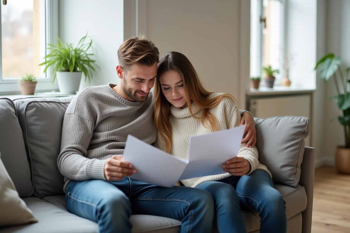 Jeune couple examinant des documents de location dans un salon nordique