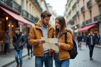Jeune couple à Lyon regardant une carte en ville