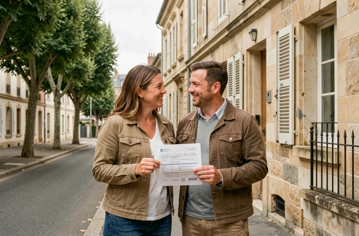 Couple devant une maison traditionnelle à Bourges après avoir souscrit une assurance habitation