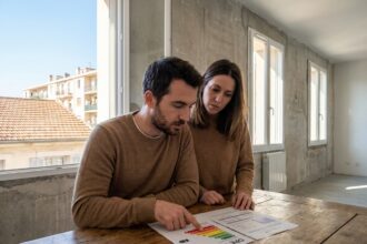Couple de nouveaux propriétaires marseillais examinant un diagnostic de performance énergétique DPE dans un appartement avec vue sur les toits