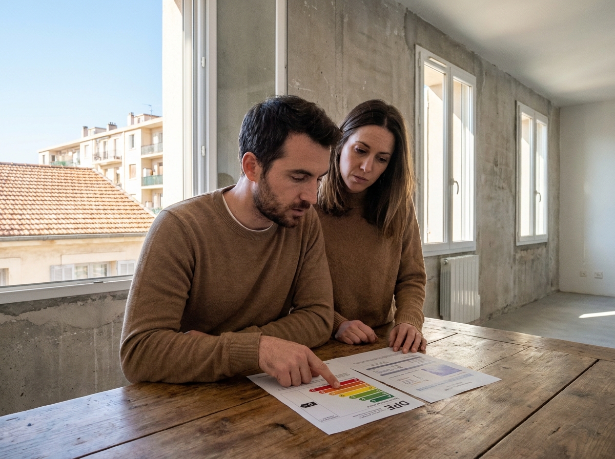Couple de nouveaux propriétaires marseillais examinant un diagnostic de performance énergétique DPE dans un appartement avec vue sur les toits
