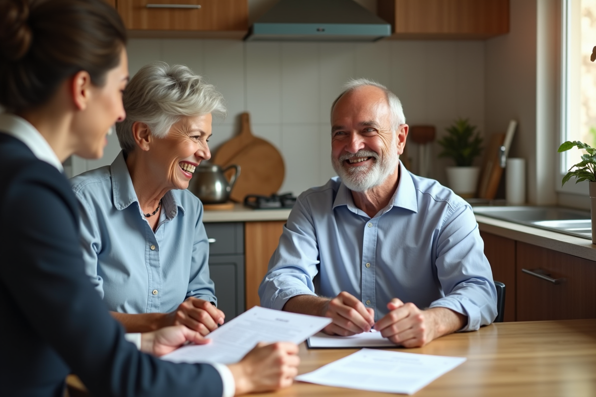 Couple retraité souriant avec conseiller dans la cuisine