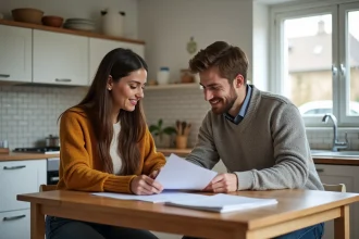 Jeune couple dans la cuisine révisant des papiers