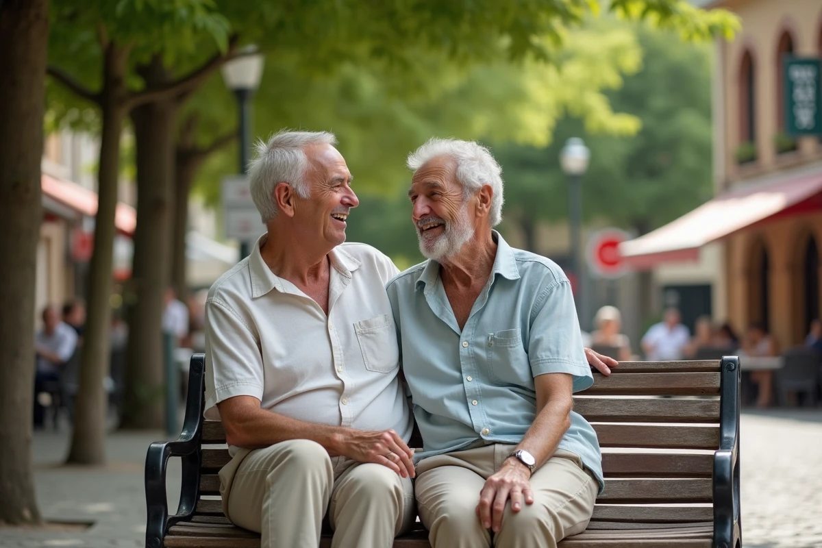 Couple âgé souriant assis dans un parc à Bayonne