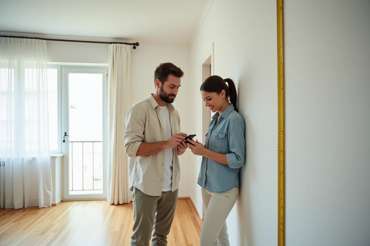 Couple visitant un appartement T3 vide et mesurant l'espace pour estimer son potentiel de revente