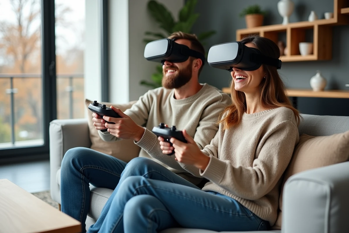 Couple portant des casques VR pour visiter une propriété immobilière virtuelle depuis leur salon