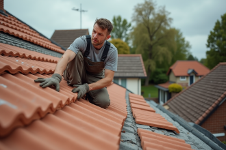 Ouvrier couvreur examinant un toit en tuiles en milieu suburbain