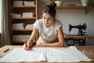 Jeune couturière débutante analysant un plan de coupe avec erreurs sur une grande table en bois dans un atelier de couture à domicile