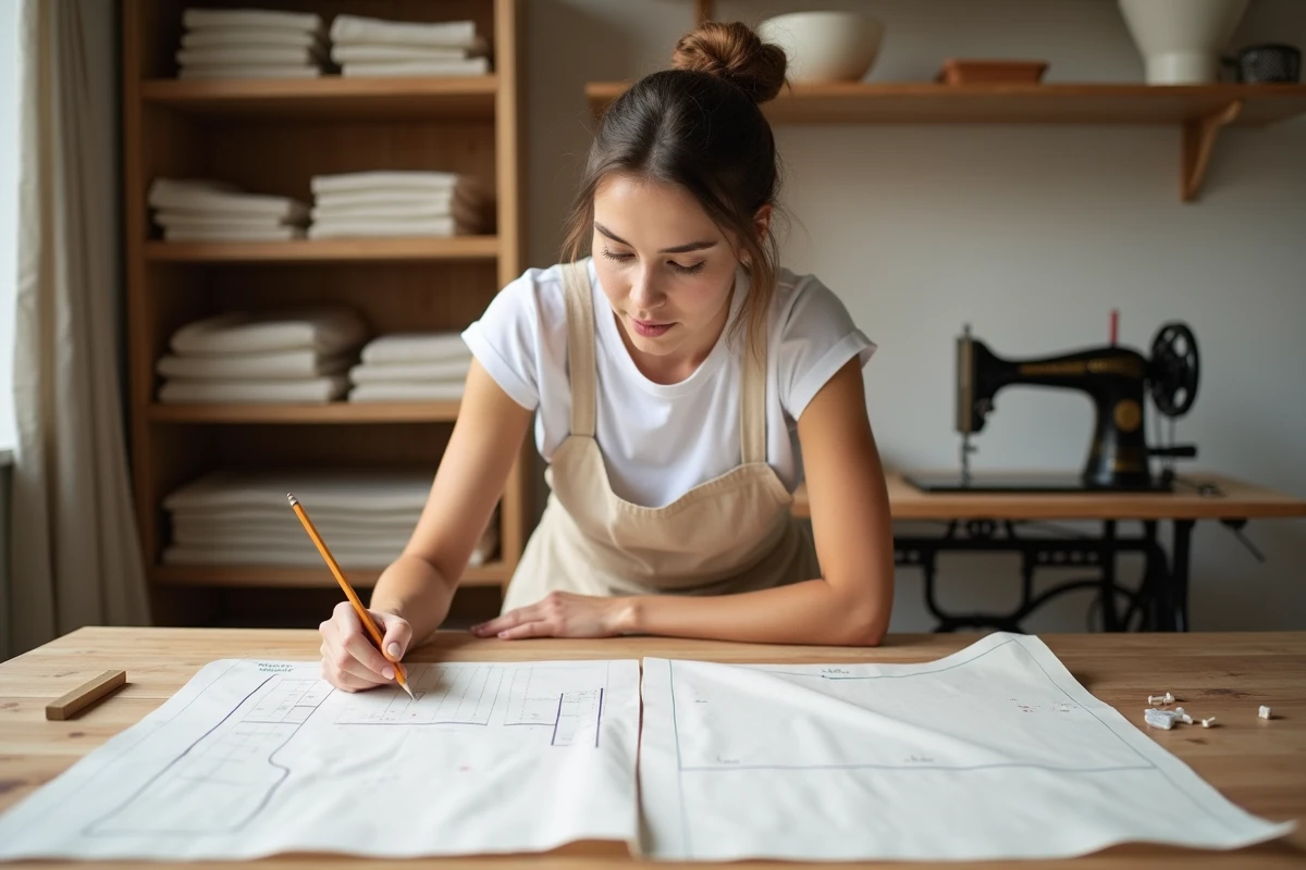 Jeune couturière débutante analysant un plan de coupe avec erreurs sur une grande table en bois dans un atelier de couture à domicile