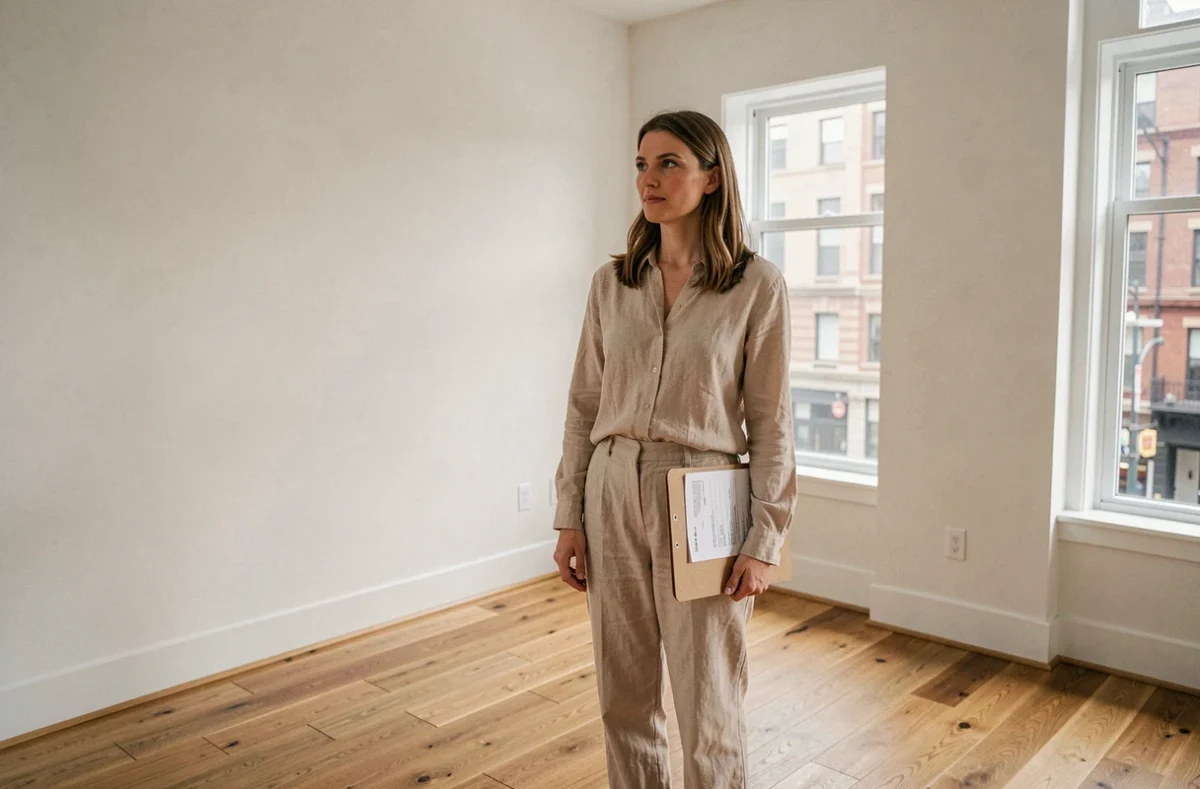 Femme tenant un dossier de devis d'assurance habitation dans un appartement vide aux murs blancs et parquet en chêne