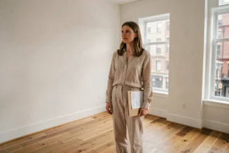Femme tenant un dossier de devis d'assurance habitation dans un appartement vide aux murs blancs et parquet en chêne