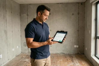 Diagnostiqueur immobilier utilisant un logiciel de diagnostic sur tablette dans un appartement vide lors d'une inspection professionnelle
