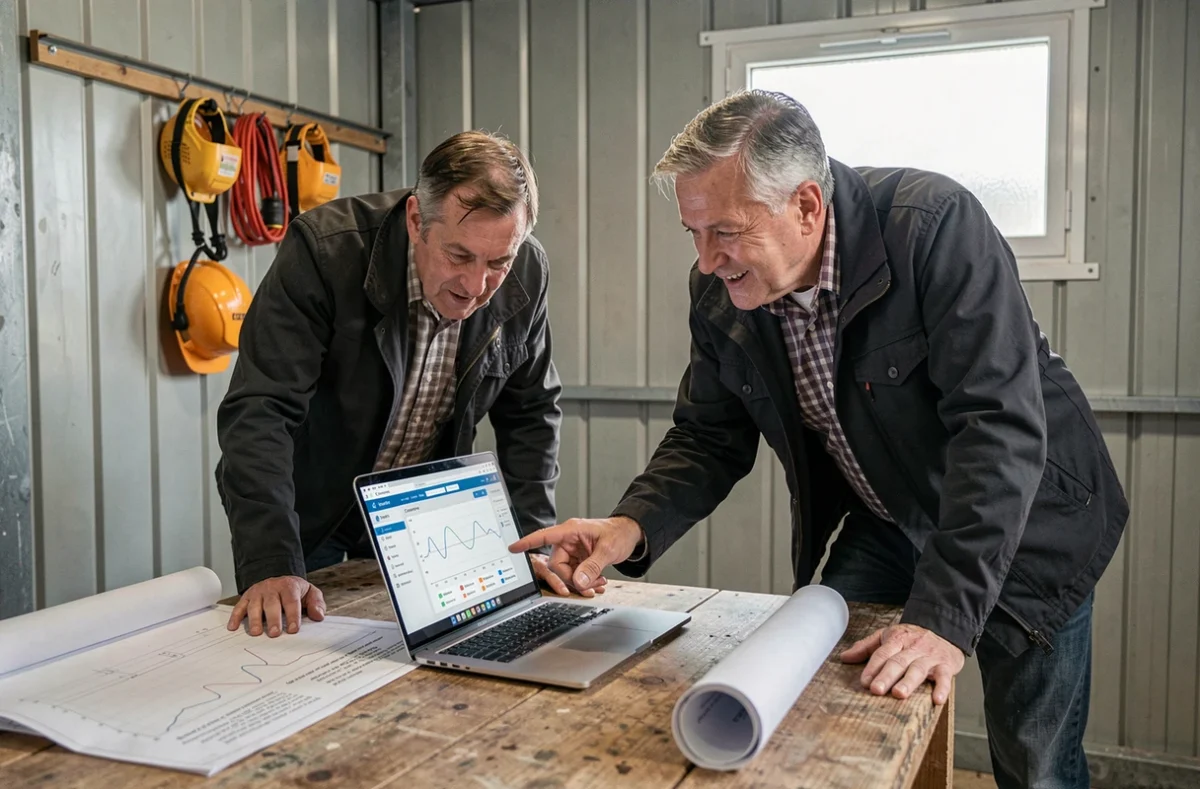 Deux diagnostiqueurs immobiliers en réunion sur chantier consultant un logiciel de diagnostic sur ordinateur portable