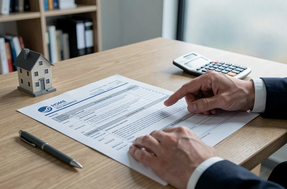Document d'assurance habitation posé sur un bureau avec une maison miniature et une calculatrice