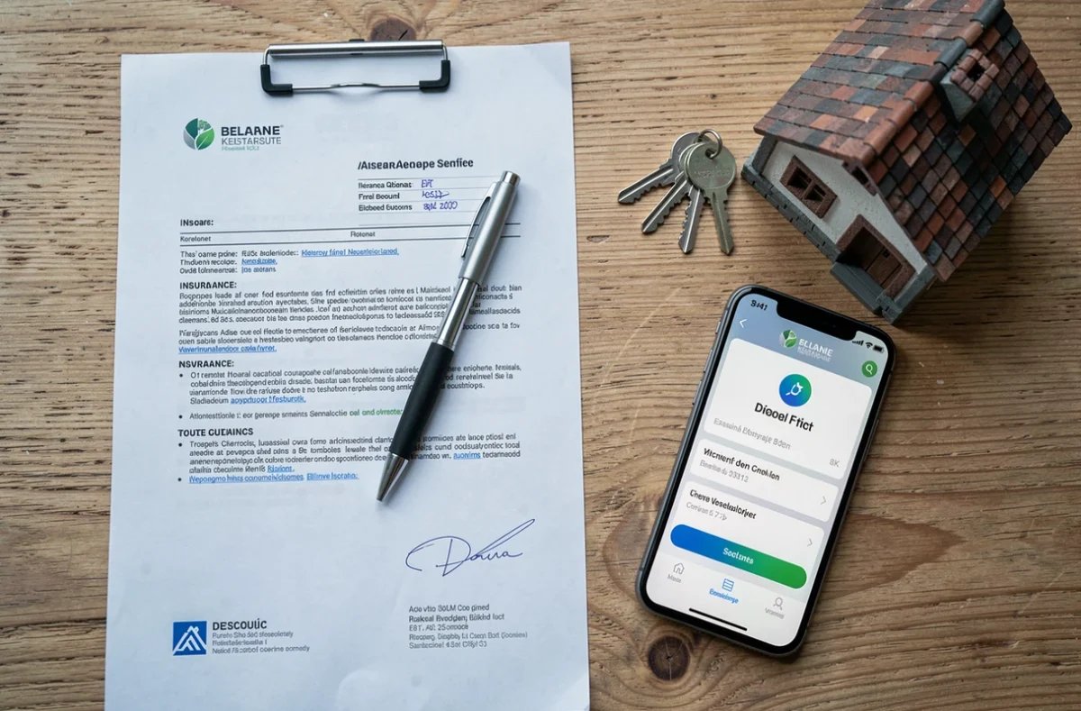 Documents d'assurance habitation, clés et smartphone sur un bureau pour comparer les offres à Bayonne