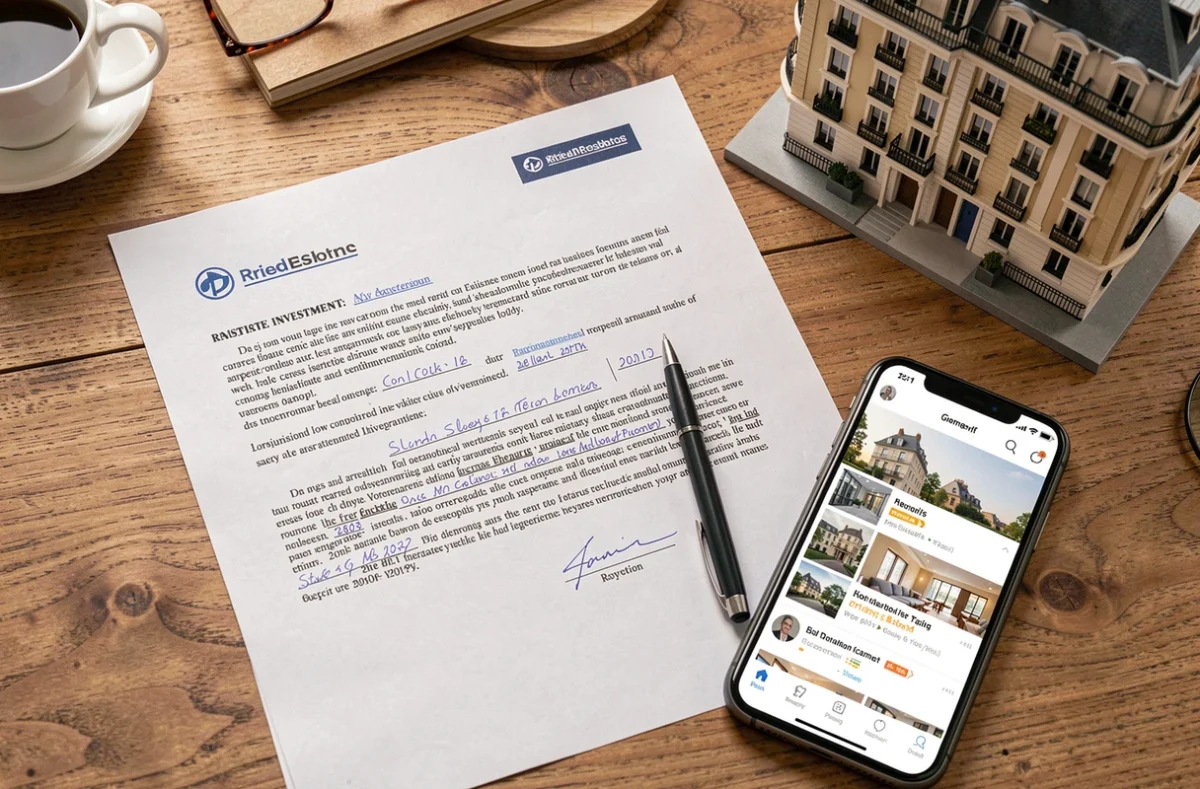 Documents contractuels d'investissement immobilier Orpi Invest Immo Paris sur un bureau avec une plume prête à signer