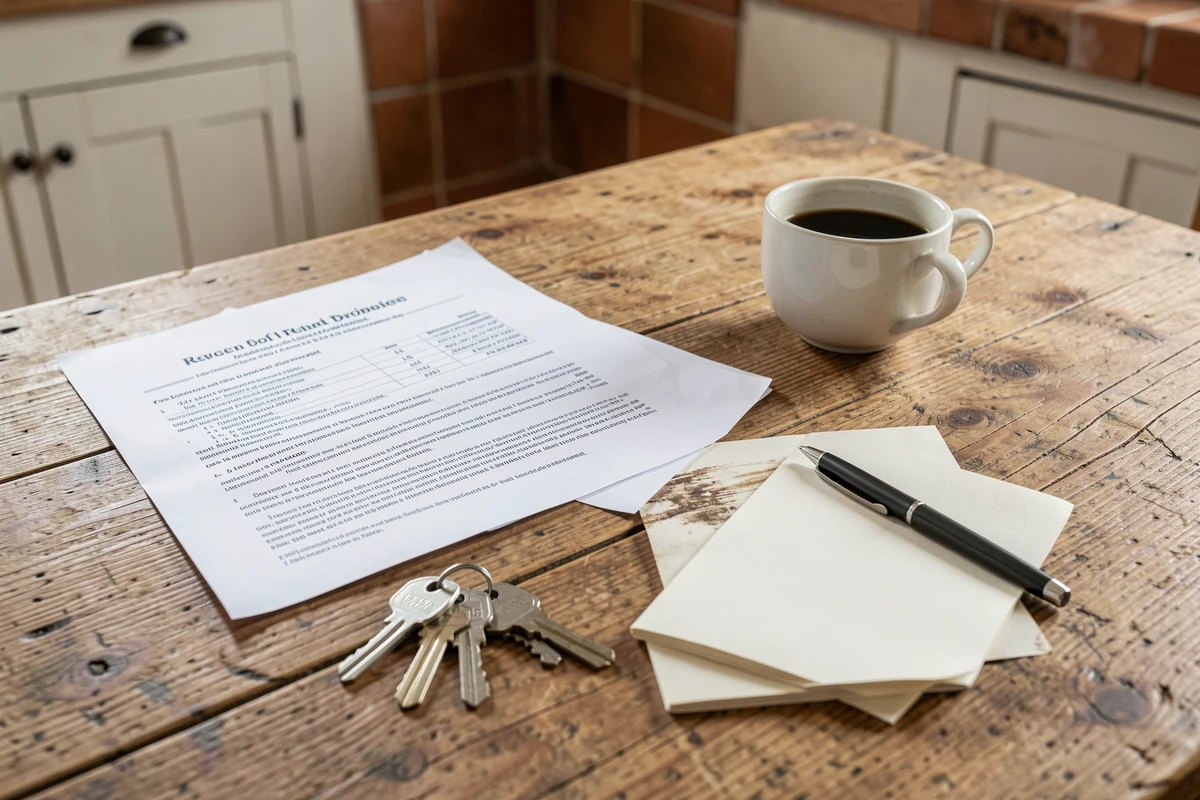 Documents juridiques de divorce et estimation immobilière posés sur une table en bois dans une maison de la Manche à vendre
