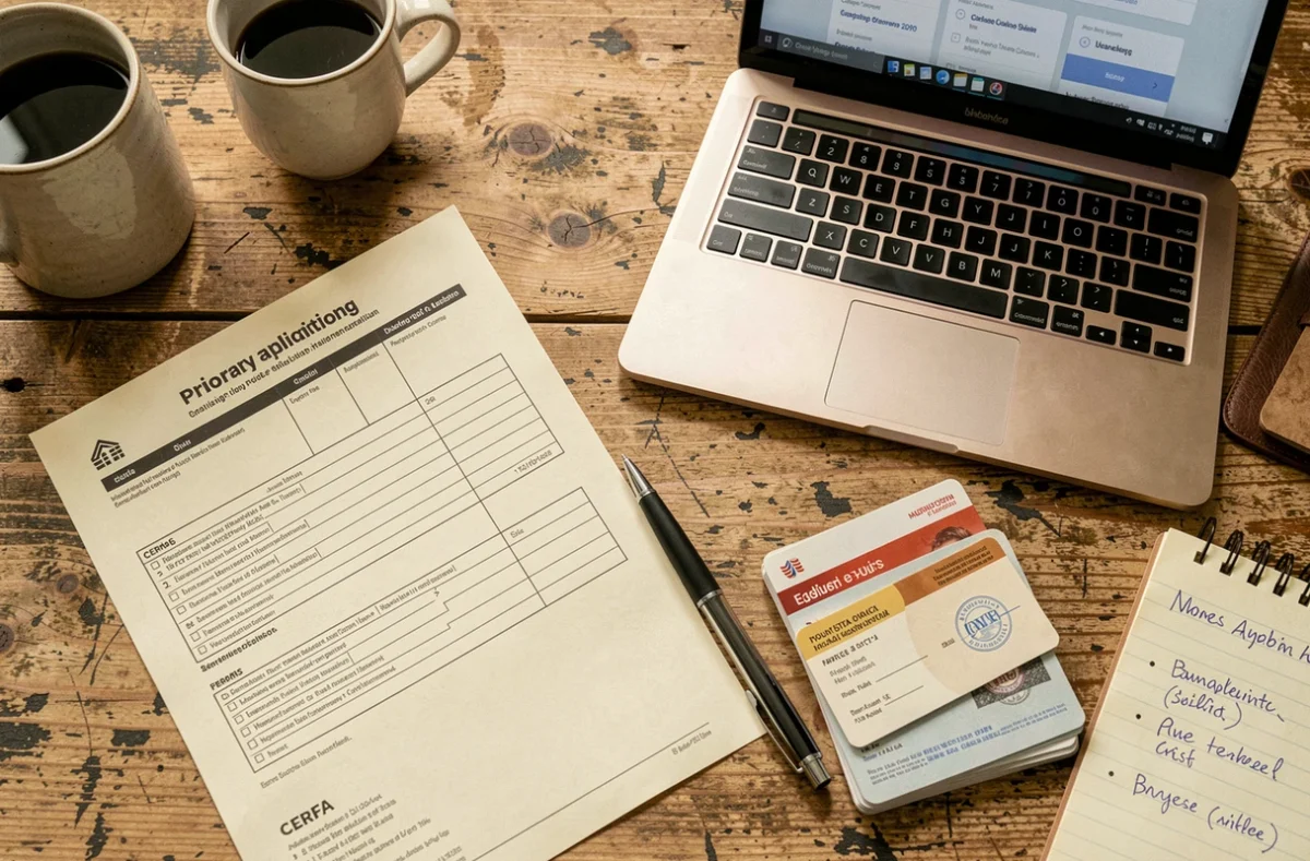Vue aérienne d'un bureau avec des formulaires de demande de logement prioritaire SYPLO, documents administratifs et ordinateur portable