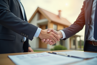 Une poignée de main entre un agent immobilier et un client devant une maison moderne
