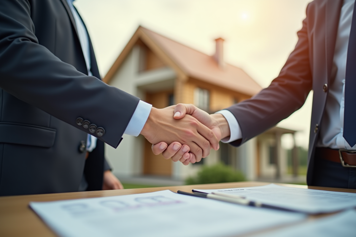 Une poignée de main entre un agent immobilier et un client devant une maison moderne