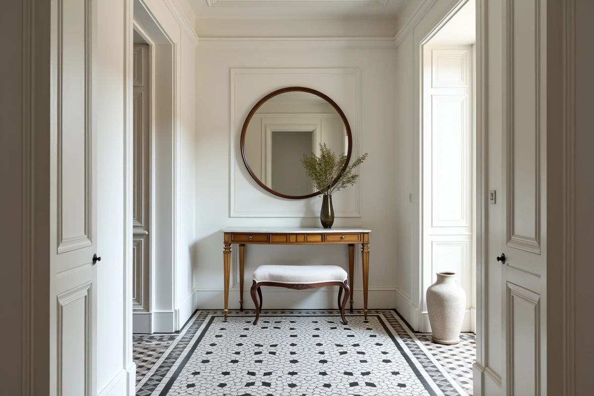 Entrée d'appartement haussmannien avec carrelage encaustique, console en laiton et miroir convexe ancien