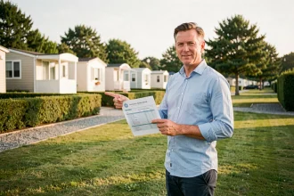 Homme tenant un document d'estimation immobilière dans un parc résidentiel de loisirs avec des mobil-homes en arrière-plan