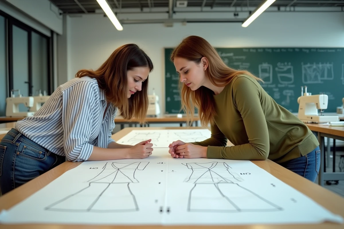 Deux étudiantes en couture comparant des plans de coupe avec des erreurs de disposition des pièces de tissu dans une salle de cours de mode