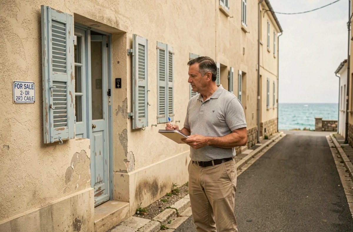 Investisseur immobilier évaluant un bien en bord de mer à petit prix dans une rue côtière