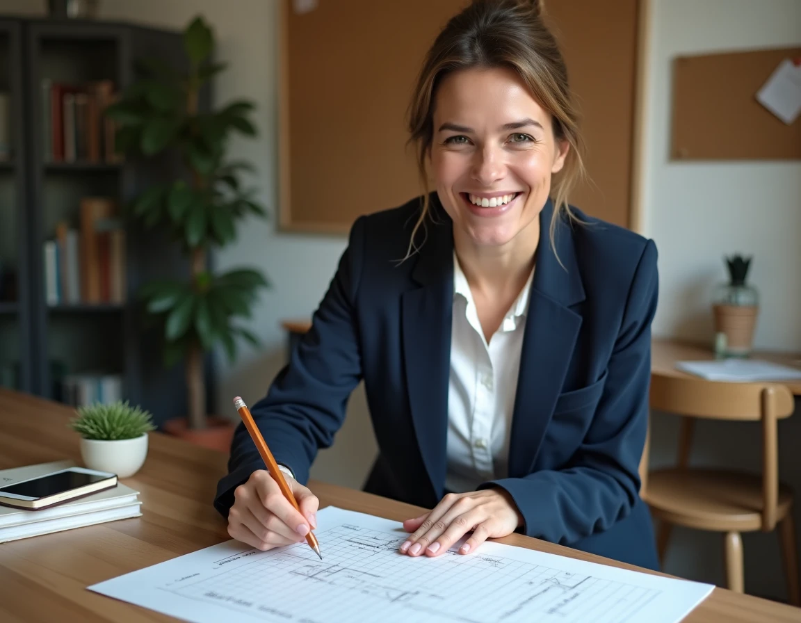 Femme expliquant un calcul de surface en centiares sur du papier quadrillé