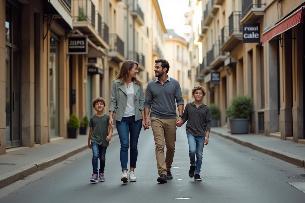 Famille en train d'explorer un boulevard urbain d'Alès pour évaluer la sécurité du quartier avant installation