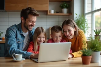 Famille de quatre cherchant des maisons en ligne dans la cuisine