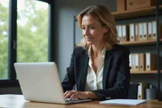 Femme d'affaires concentrée dans son bureau moderne