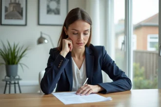 Femme d'affaires en bureau à domicile examinant un document immobilier